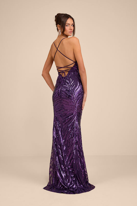 Sparkle 'til Dawn Dark Purple Sequin Lace-Up Mermaid Maxi Dress