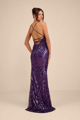 Sparkle 'til Dawn Dark Purple Sequin Lace-Up Mermaid Maxi Dress