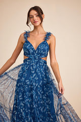 Ethereal Love Blue Floral Pleated Tiered Tie-Back Maxi Dress