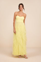 Delightful Beauty Yellow Strapless Ruched Ruffled Maxi Dress