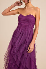 Delightful Beauty Plum Mesh Strapless Ruched Ruffled Maxi Dress