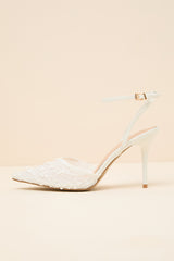 Selma White Embroidered Pointed-Toe Ankle Strap Pumps