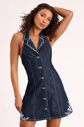 Rani Dark Wash Denim Embroidered Halter Mini Dress