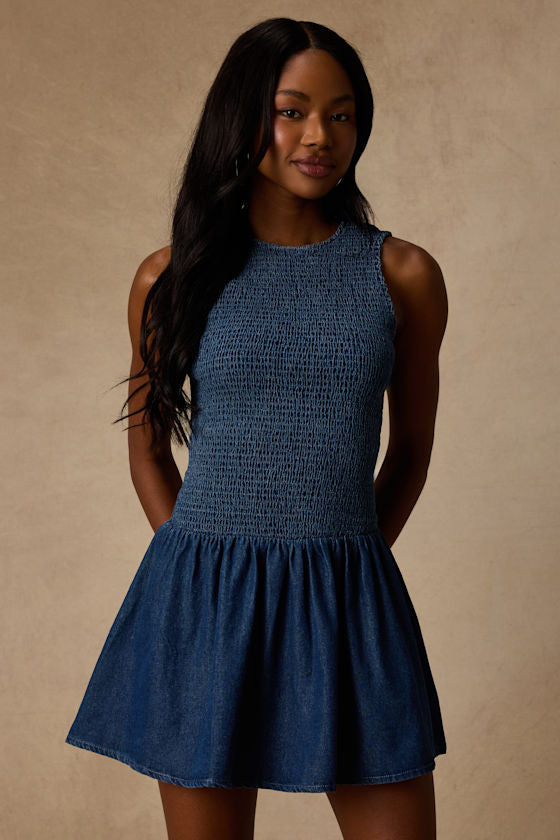 Aisha Medium Wash Denim Smocked Mini Dress