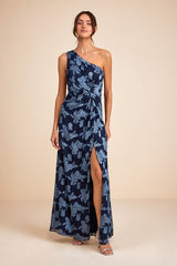 Renni Navy Blue Floral Jacquard One-Shoulder Maxi Dress