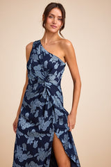 Renni Navy Blue Floral Jacquard One-Shoulder Maxi Dress