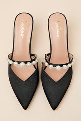 Daryll Black Satin Pearl Pointed-Toe Mule Pumps