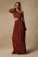 Rocca Rust Plisse Pleated Cutout One-Shoulder Maxi Dress