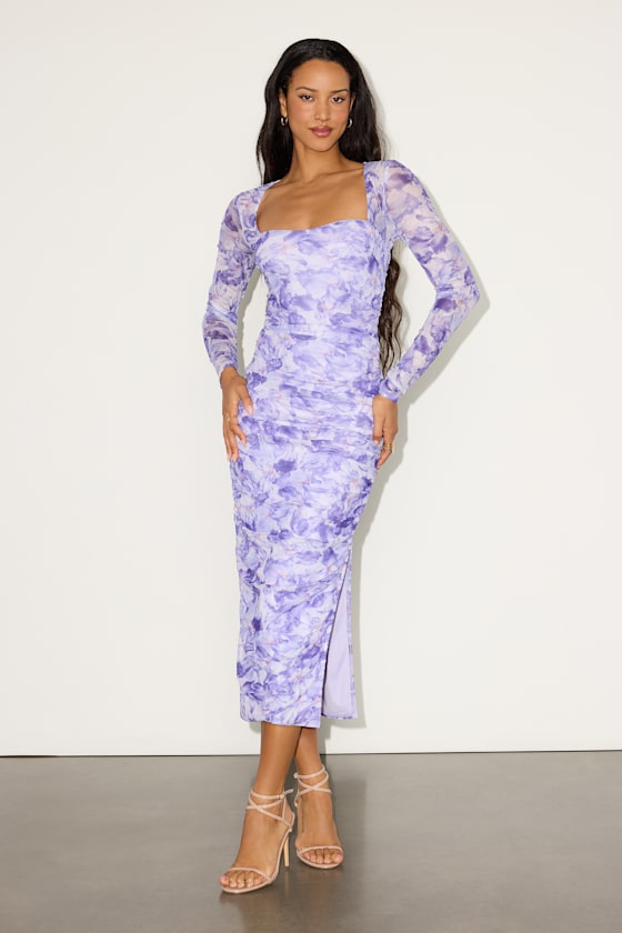 Janessa Light Purple Floral Mesh Bodycon Midi Dress