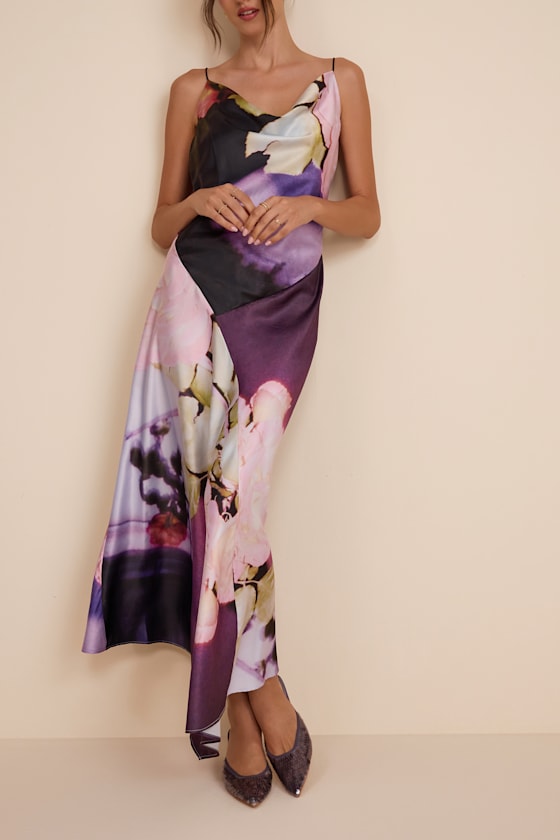 Ellie Purple Multi Floral Satin Cowl Neck Maxi Dress