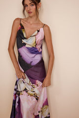 Ellie Purple Multi Floral Satin Cowl Neck Maxi Dress