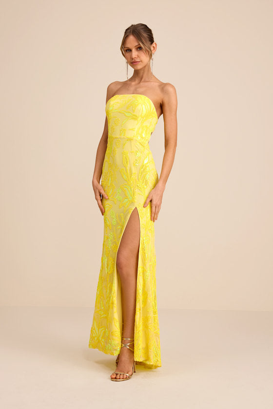 Shimmering Icon Yellow Sequin Lace-Up Strapless Maxi Dress