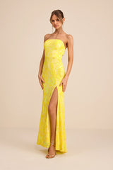 Shimmering Icon Yellow Sequin Lace-Up Strapless Maxi Dress