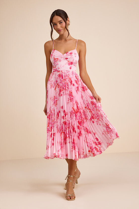 Francette Pink Floral Satin Pleated Midi Dress