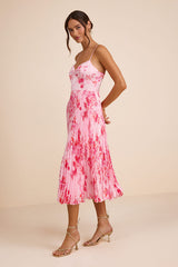 Francette Pink Floral Satin Pleated Midi Dress
