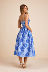 Vivinna Blue Floral Jacquard Pleated Midi Dress