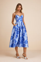 Vivinna Blue Floral Jacquard Pleated Midi Dress