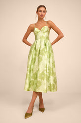Vivinna Lime Green Floral Jacquard Pleated Midi Dress