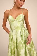 Vivinna Lime Green Floral Jacquard Pleated Midi Dress
