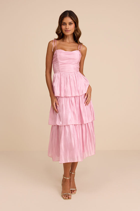 Tennon Light Pink Plisse Tiered Midi Dress