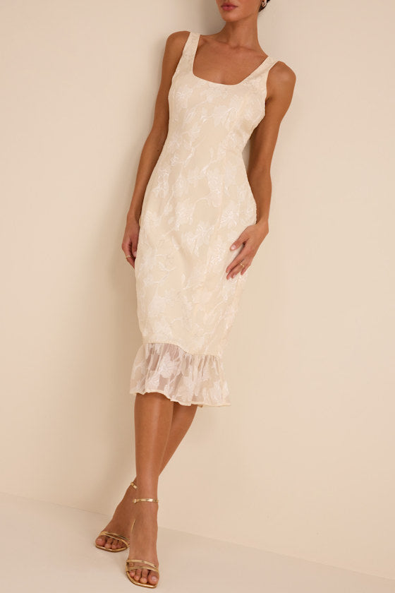 Elani Ivory Floral Burnout Trumpet Midi Dress