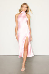 Exceptional Status Blush Pink Halter Backless Slip Midi Dress