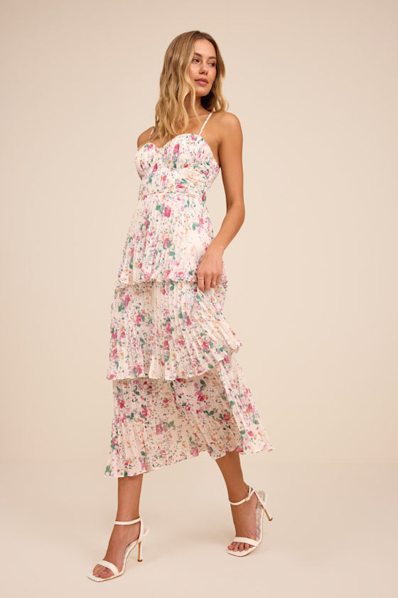 Cascading Crush Ivory Floral Print Tiered Bustier Midi Dress