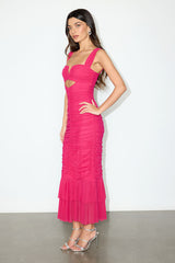 Aelara Hot Pink Mesh Ruched Trumpet Midi Dress