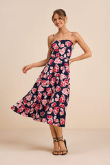 Radiant Feelings Navy and Pink Floral Chiffon Midi Dress