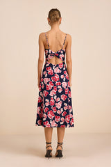 Radiant Feelings Navy and Pink Floral Chiffon Midi Dress