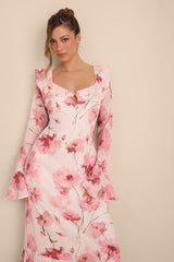 Rylia Ivory and Pink Floral Ruffled Midi Dress