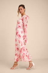 Rylia Ivory and Pink Floral Ruffled Midi Dress