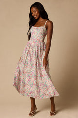 Dinette Ivory Multi Floral Basque Waist Midi Dress