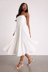 Pomelo White Textured Bustier Skater Midi Dress