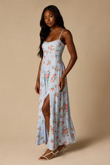 Ingrid Light Blue Floral Tie-Back Maxi Dress