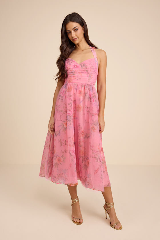 Nisha Pink Floral Organza Halter Midi Dress