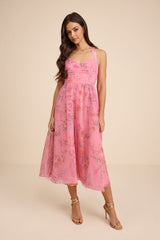 Nisha Pink Floral Organza Halter Midi Dress