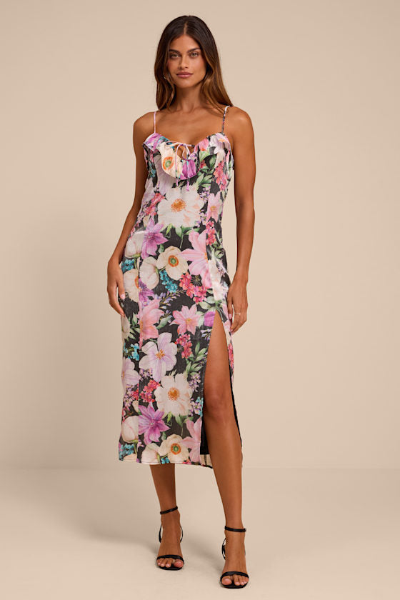 Kayla Black Multi Floral Ruffled Midi Dress