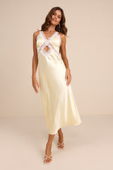 Camara Pale Yellow Satin Lace Slip Midi Dress