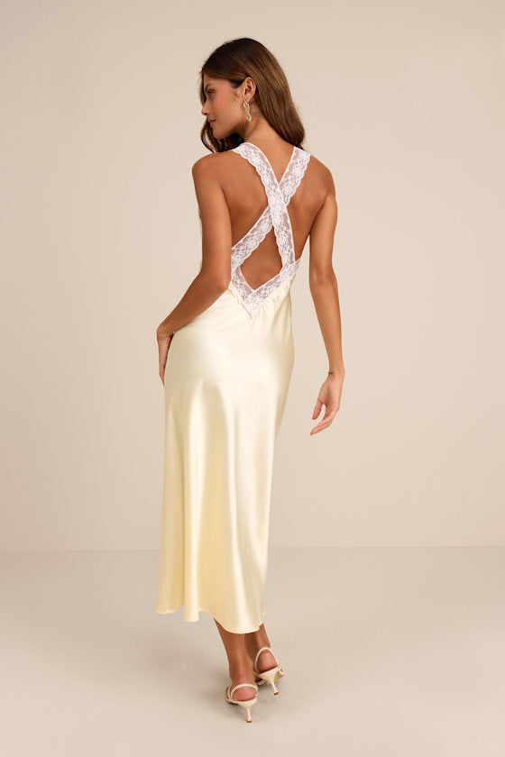 Camara Pale Yellow Satin Lace Slip Midi Dress
