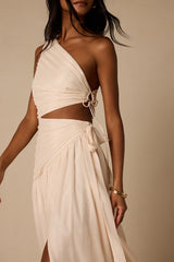 Vega Light Beige Pleated Asymmetrical Cutout Maxi Dress