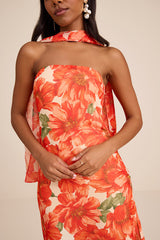 Rawya Orange Floral Strapless Maxi Dress and Scarf Set