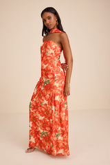 Rawya Orange Floral Strapless Maxi Dress and Scarf Set