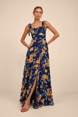 Love Me Forever Navy Blue Floral Square Neck Maxi Dress