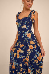 Love Me Forever Navy Blue Floral Square Neck Maxi Dress