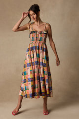 Alessandra Blush Multi Gingham Floral Tie-Strap Midi Dress