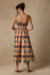 Alessandra Blush Multi Gingham Floral Tie-Strap Midi Dress