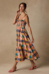 Alessandra Blush Multi Gingham Floral Tie-Strap Midi Dress