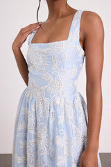 Noble Light Blue Eyelet Embroidered Midi Dress