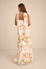Lael White Floral Pleated Strapless Dress and Scarf Set
